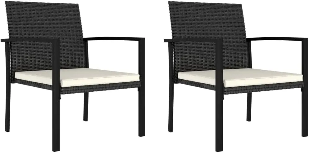 2-Piece Black Poly Rattan Patio Dining Chairs Set with Cream Cushions, Outdoor Furniture Steel Frame Weather-Resistant for Backyard Poolside Deck Garden