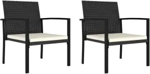 2-Piece Black Poly Rattan Patio Dining Chairs Set with Cream Cushions, Outdoor Furniture Steel Frame Weather-Resistant for Backyard Poolside Deck Garden