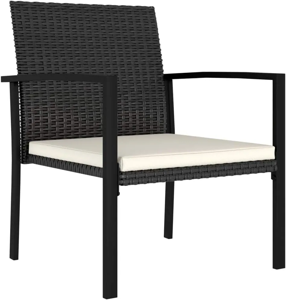2-Piece Black Poly Rattan Patio Dining Chairs Set with Cream Cushions, Outdoor Furniture Steel Frame Weather-Resistant for Backyard Poolside Deck Garden