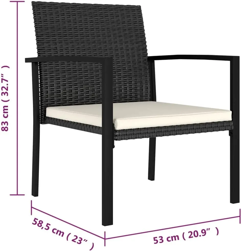 2-Piece Black Poly Rattan Patio Dining Chairs Set with Cream Cushions, Outdoor Furniture Steel Frame Weather-Resistant for Backyard Poolside Deck Garden