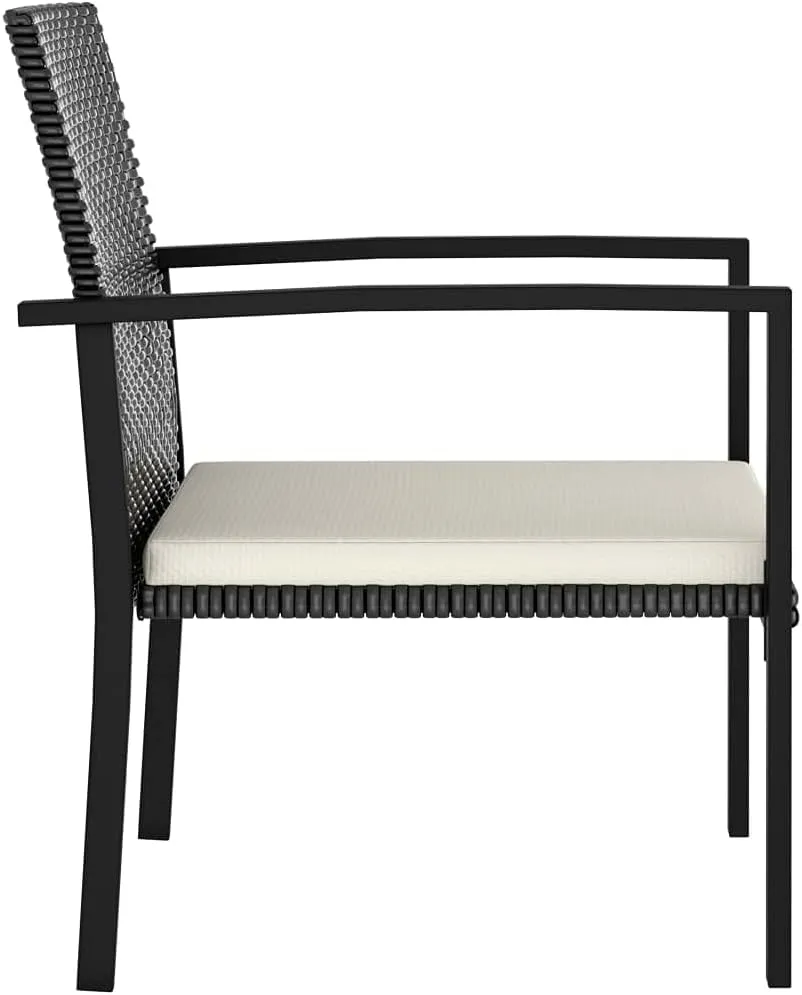 2-Piece Black Poly Rattan Patio Dining Chairs Set with Cream Cushions, Outdoor Furniture Steel Frame Weather-Resistant for Backyard Poolside Deck Garden