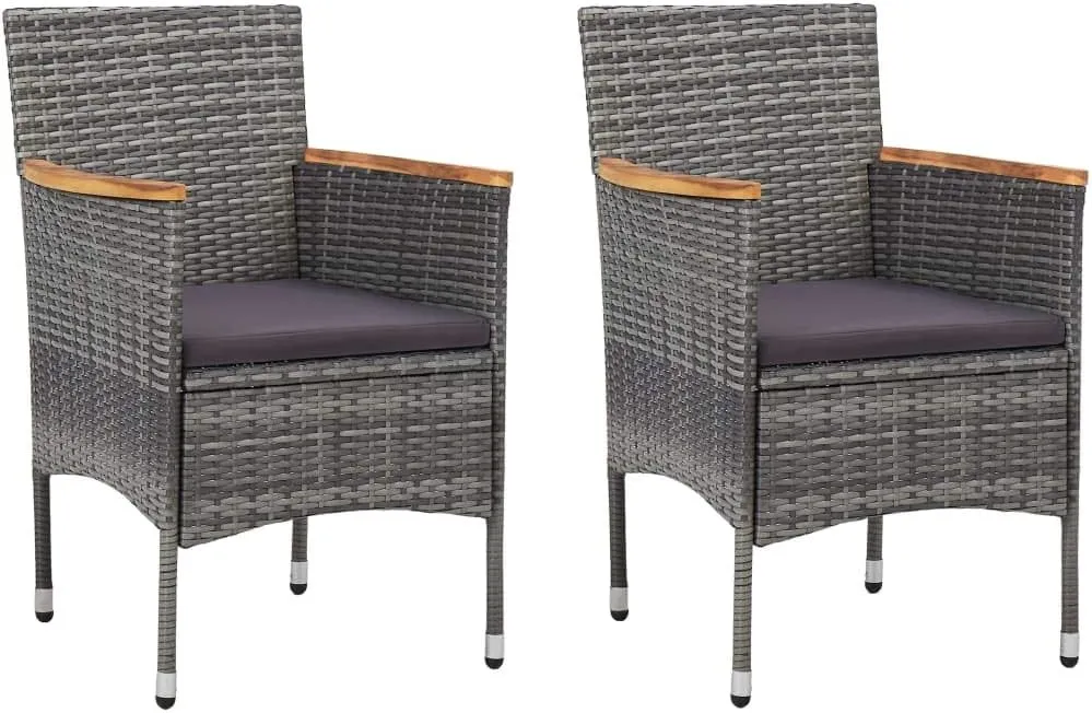 2-Piece Gray Poly Rattan Patio Dining Chairs with Cushions, Steel Frame Outdoor Furniture for Backyard, Poolside, and Camping