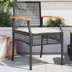 2-Piece Patio Chairs Set with Removable Cushions, Black Poly Rattan and Acacia Wood Outdoor Furniture for Backyard, Poolside, Garden Relaxation
