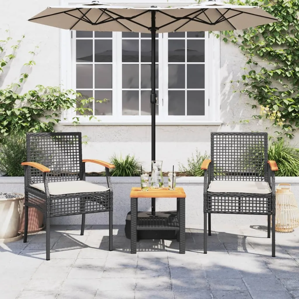 2-Piece Patio Chairs Set with Removable Cushions, Black Poly Rattan and Acacia Wood Outdoor Furniture for Backyard, Poolside, Garden Relaxation