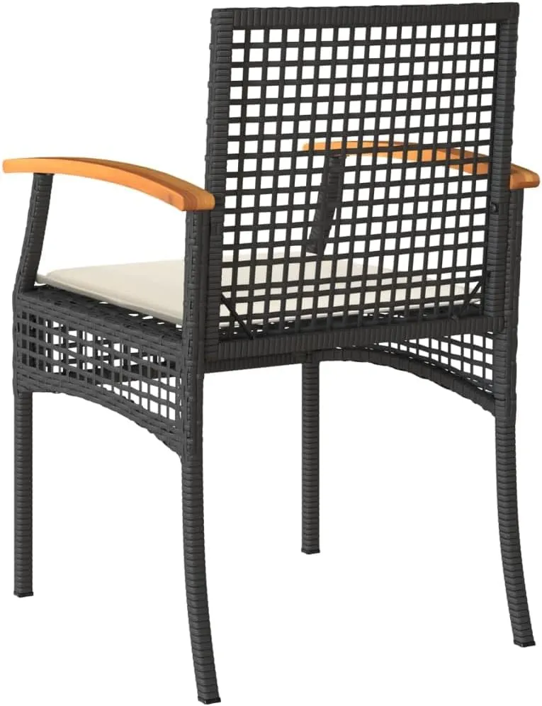 2-Piece Patio Chairs Set with Removable Cushions, Black Poly Rattan and Acacia Wood Outdoor Furniture for Backyard, Poolside, Garden Relaxation