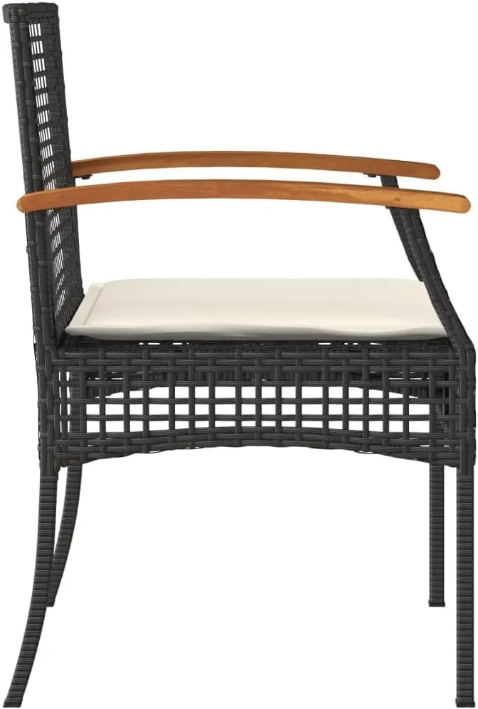 2-Piece Patio Chairs Set with Removable Cushions, Black Poly Rattan and Acacia Wood Outdoor Furniture for Backyard, Poolside, Garden Relaxation
