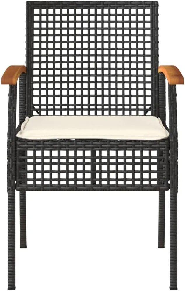 2-Piece Patio Chairs Set with Removable Cushions, Black Poly Rattan and Acacia Wood Outdoor Furniture for Backyard, Poolside, Garden Relaxation