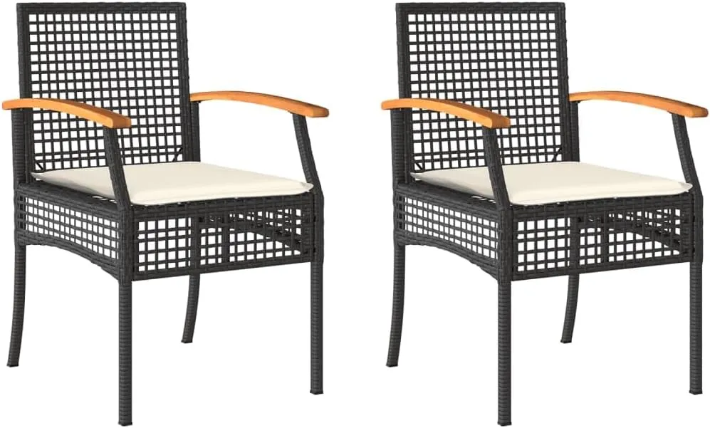 2-Piece Patio Chairs Set with Removable Cushions, Black Poly Rattan and Acacia Wood Outdoor Furniture for Backyard, Poolside, Garden Relaxation