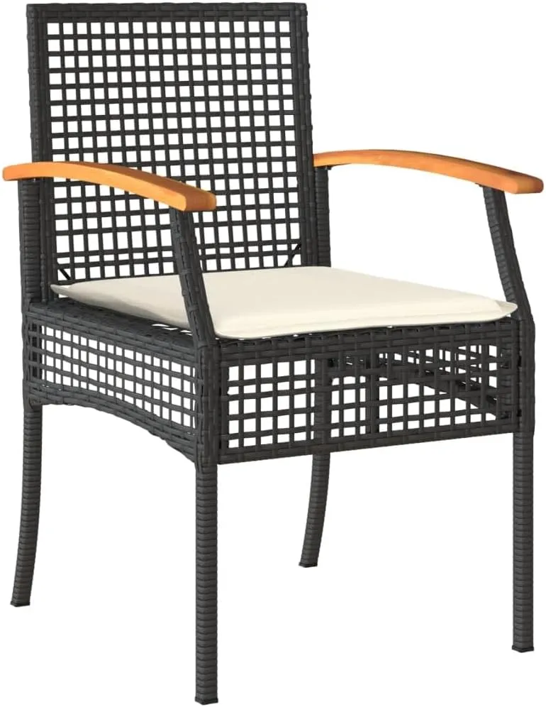 2-Piece Patio Chairs Set with Removable Cushions, Black Poly Rattan and Acacia Wood Outdoor Furniture for Backyard, Poolside, Garden Relaxation