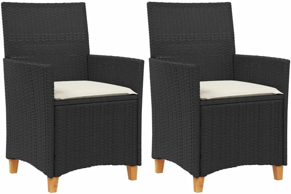 2-Piece Patio Chairs with Cushions Black PE Rattan & Acacia Wood Outdoor Furniture Set for Porch, Poolside, and Backyard Lounge