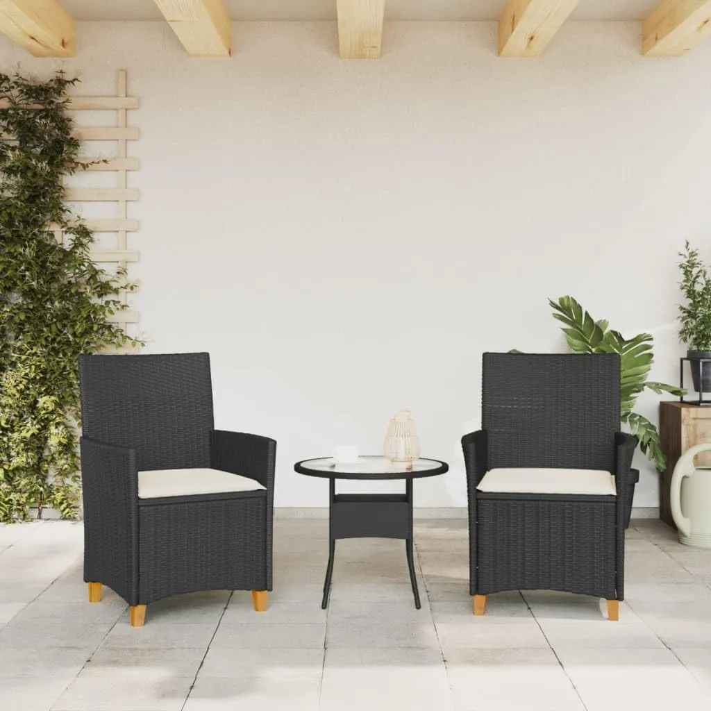 2-Piece Patio Chairs with Cushions Black PE Rattan & Acacia Wood Outdoor Furniture Set for Porch, Poolside, and Backyard Lounge