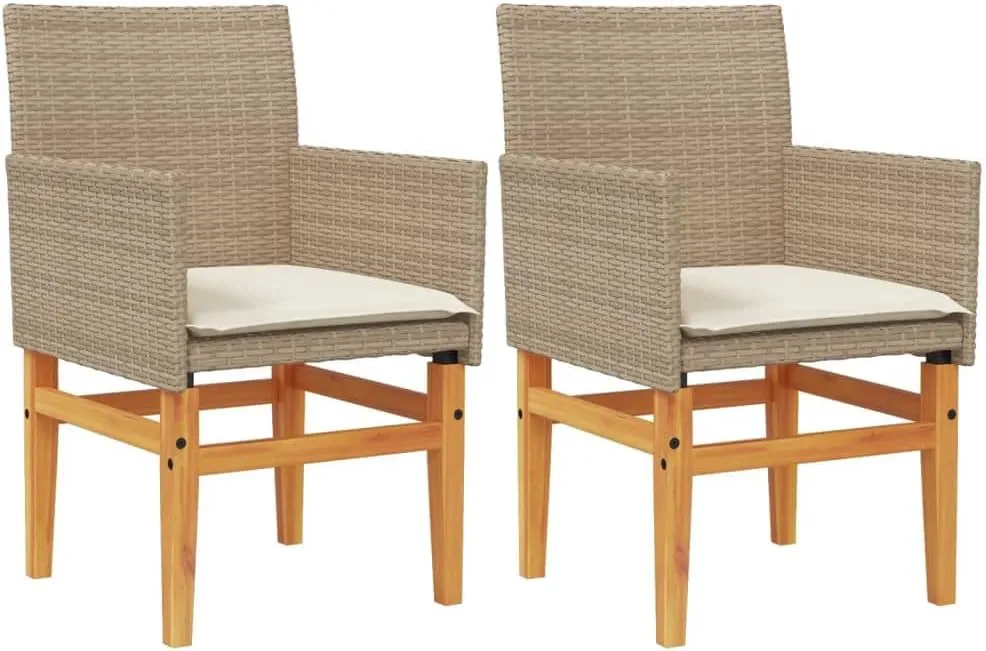 2-Piece Patio Chairs with Removable Cushions Beige PE Rattan & Acacia Wood Outdoor Furniture Set for Poolside Backyard Lawn