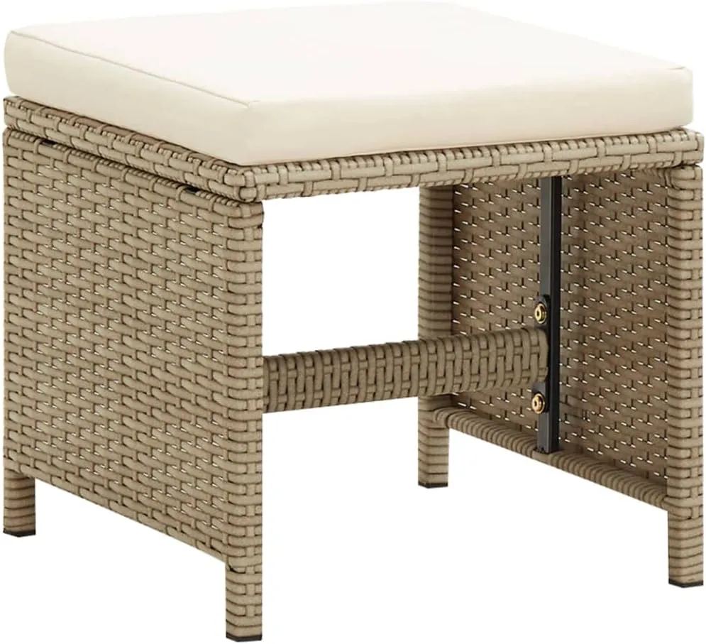 2-Piece Patio Stool Set with Cushions, Poly Rattan Outdoor Furniture, Beige Steel Frame, 16.1"x13.8" for Garden Terrace Poolside