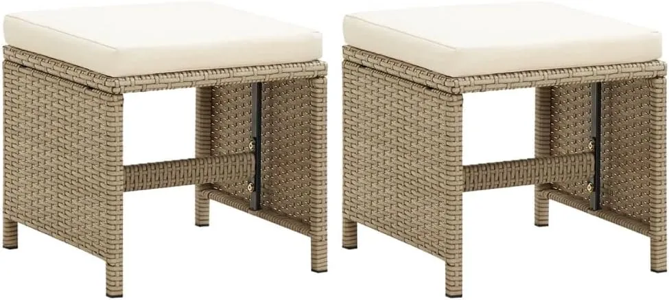2-Piece Patio Stool Set with Cushions, Poly Rattan Outdoor Furniture, Beige Steel Frame, 16.1"x13.8" for Garden Terrace Poolside