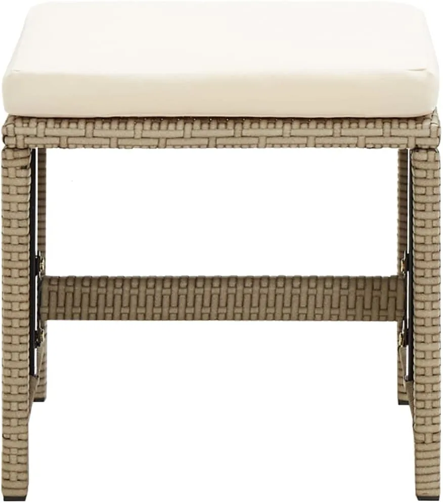 2-Piece Patio Stool Set with Cushions, Poly Rattan Outdoor Furniture, Beige Steel Frame, 16.1"x13.8" for Garden Terrace Poolside