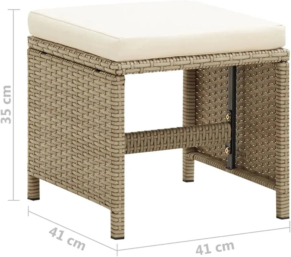 2-Piece Patio Stool Set with Cushions, Poly Rattan Outdoor Furniture, Beige Steel Frame, 16.1"x13.8" for Garden Terrace Poolside