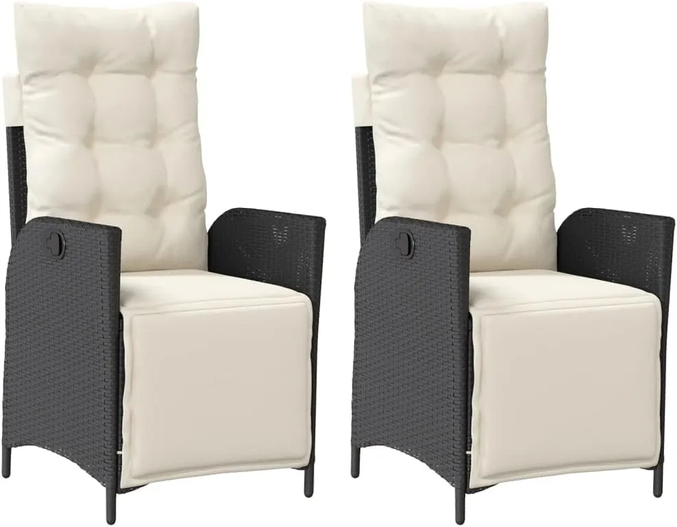 2-Piece Reclining Patio Chairs with Adjustable Footrest Black PE Rattan Outdoor Lounge Chairs with Cream Cushions for Poolside Backyard Beach Relaxation
