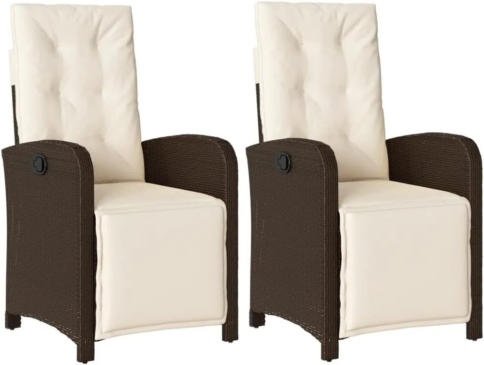 2-Piece Reclining Patio Chairs with Adjustable Footrest, Brown PE Rattan Outdoor Lounge Chairs with Cream Cushions for Poolside, Backyard, Camping & Sunroom Furniture