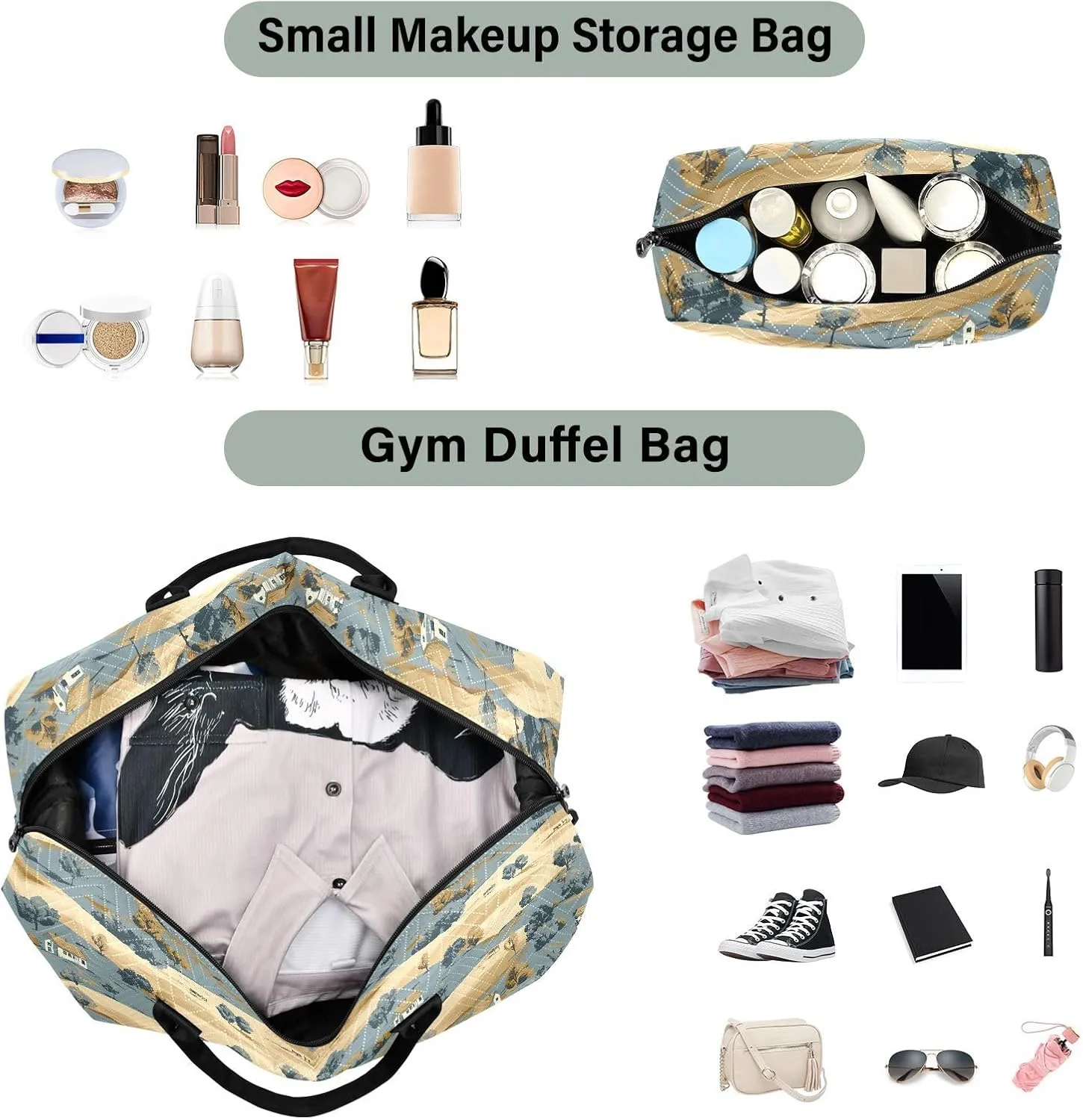 2-Piece Travel Organizer Set - Wave Quilted Expandable Duffel Bag with Detachable Toiletry Pouch, TSA-Compliant Carry-On for Gym/Camping/Airplane, Cottage
