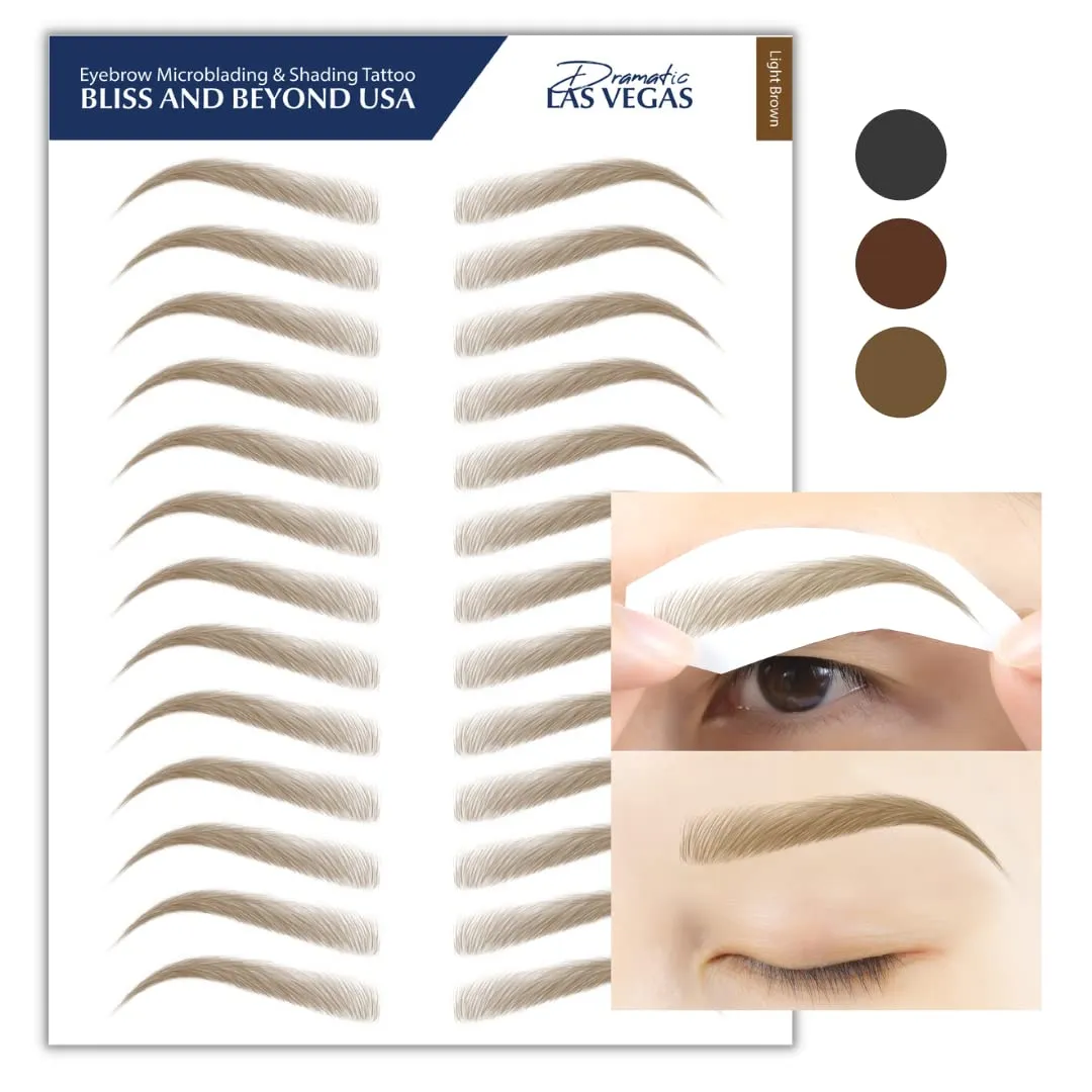 2 sheets eyebrow tattoo waterproof sticker, Long Lasting, Natural Looking Fake Eyebrow for Alopecia, Chemo, Cancer. Same Size eyebrow tattoos (Dramatic Las Vegas, Light Brown)