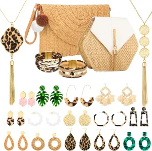 20 Pcs Boho Straw Purses Bags Jewelry Set, Woven Summer Shoulder Crossbody Bag Acrylic Rattan Earrings Statement Leopard Bracelet Tassel Necklace for Women