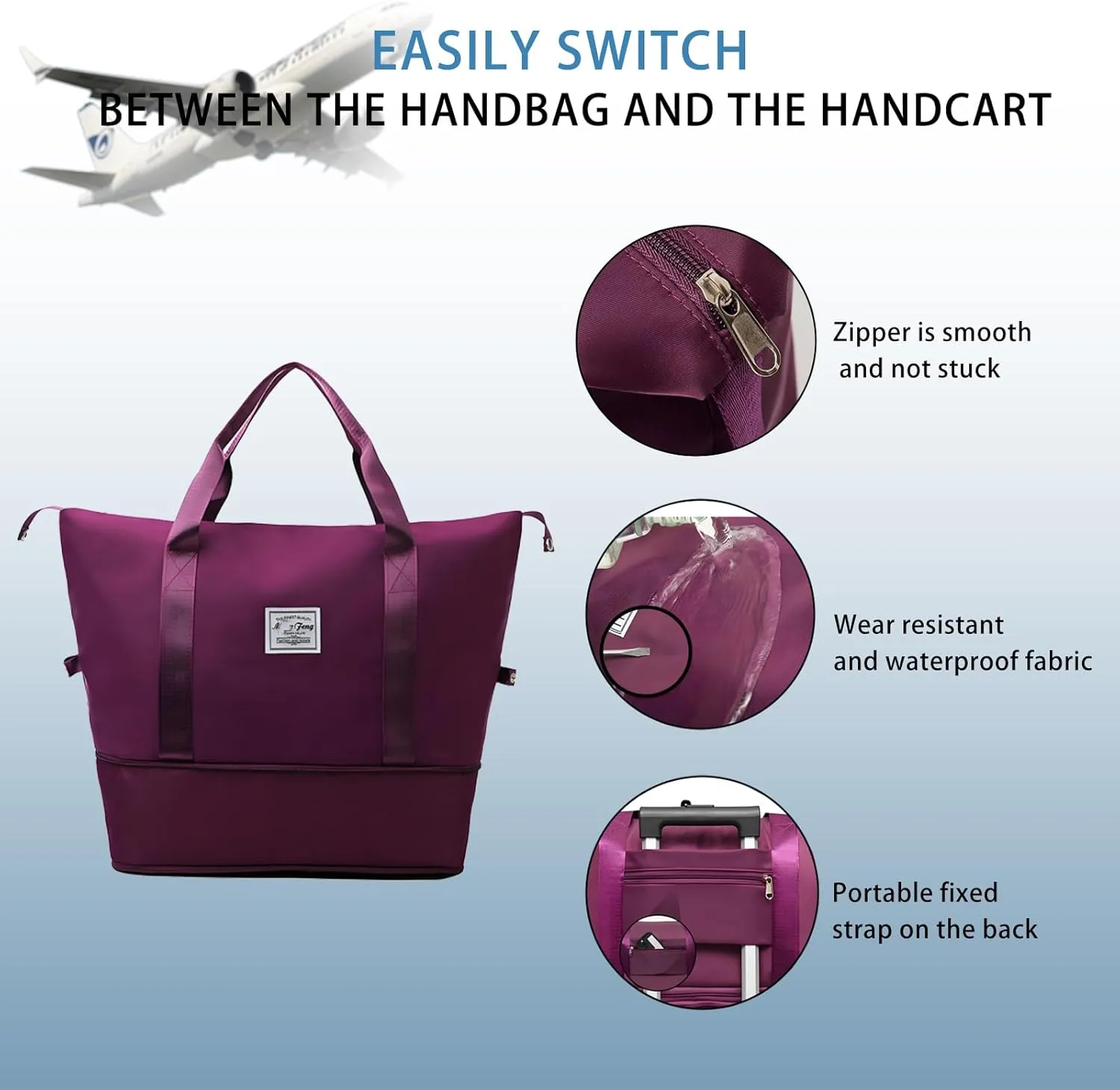 2025 New Large Capacity Travel Bag - Universal Wheel Removable,Rolling Duffle Bag with Wheels，Foldable Travel Bag, Light Purple, Non-wheeled