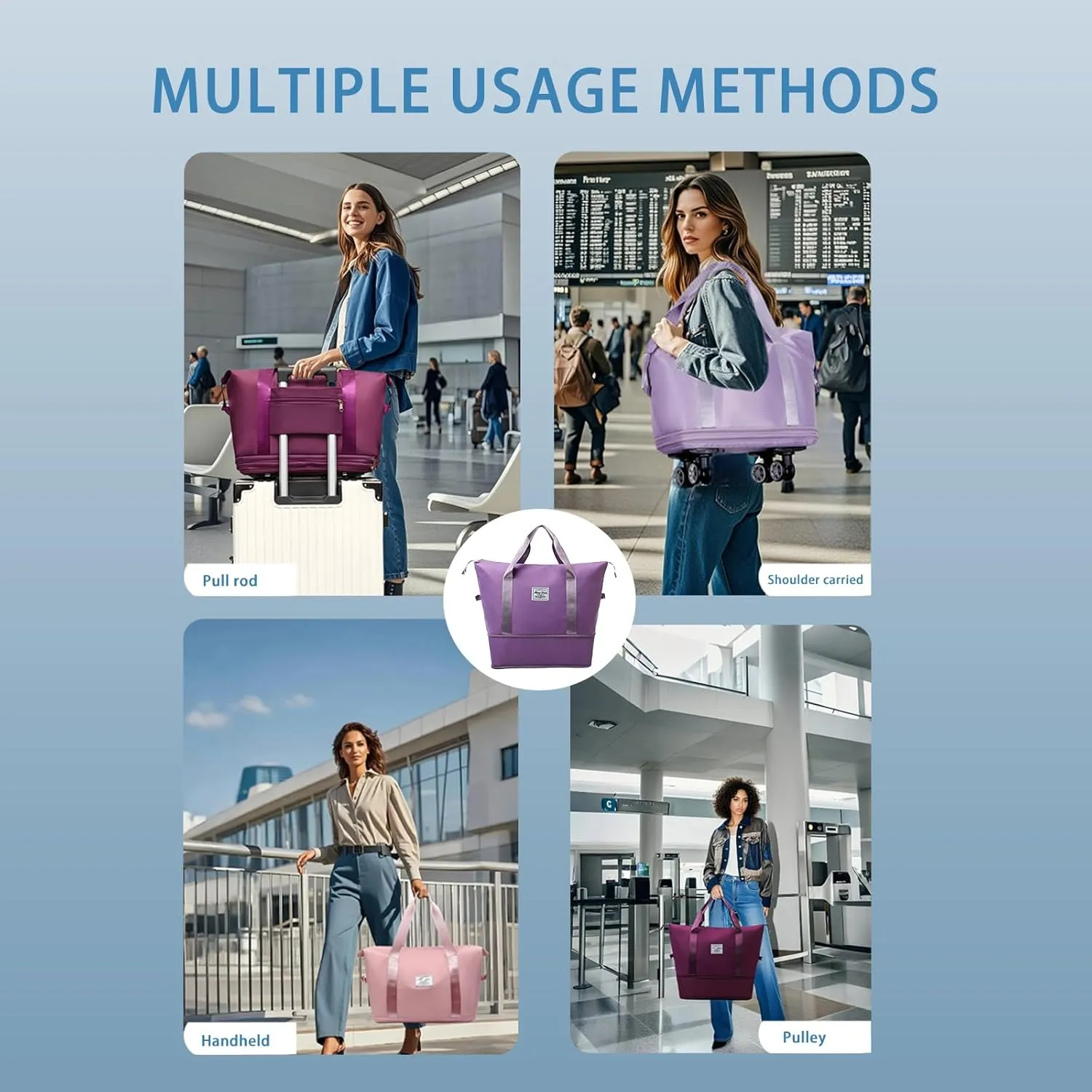 2025 New Large Capacity Travel Bag - Universal Wheel Removable,Rolling Duffle Bag with Wheels，Foldable Travel Bag, Light Purple, Non-wheeled