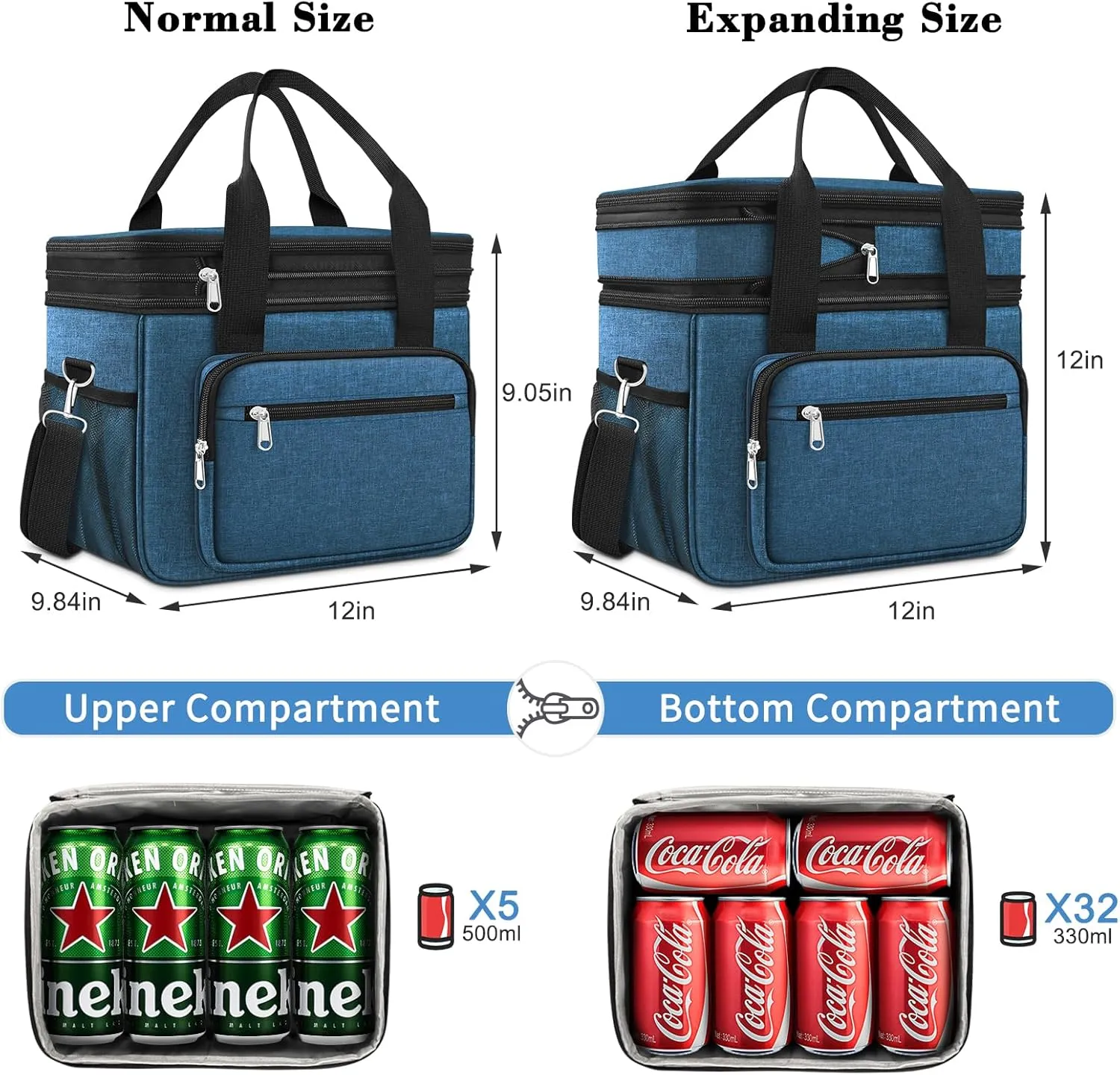 23L Extra Large Expandable Insulated Cooler Lunch Box for Men Double Deck Leakproof Heavy Duty Lunch Bag with 4 Ice packs&2 Snack Bags for Adult/Construction/Women/Work/Picnic/Camping - Blue