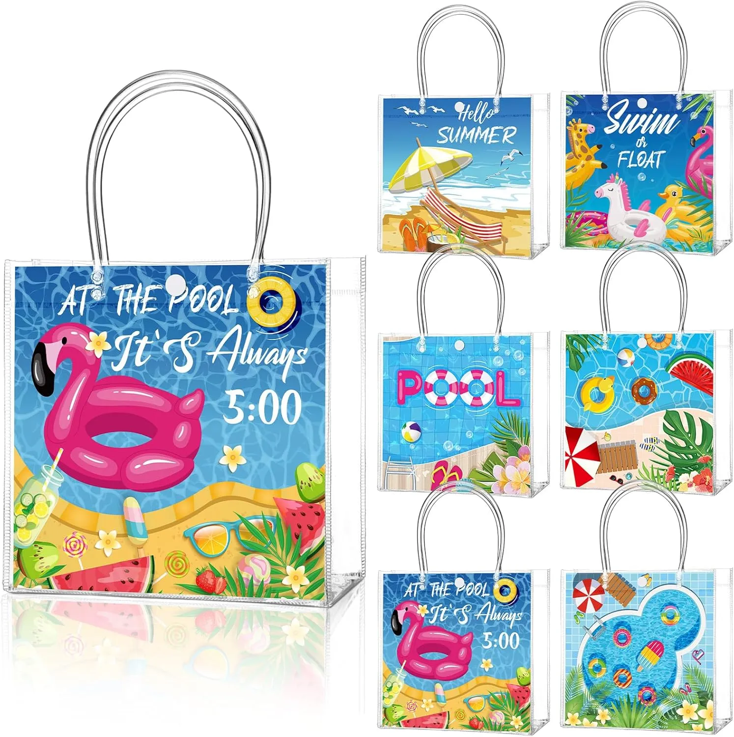 24 Pcs Pool Favor Bags Summer Pool Beach Clear PVC Goodie Gift Bags with Handle Birthday Party Supplies