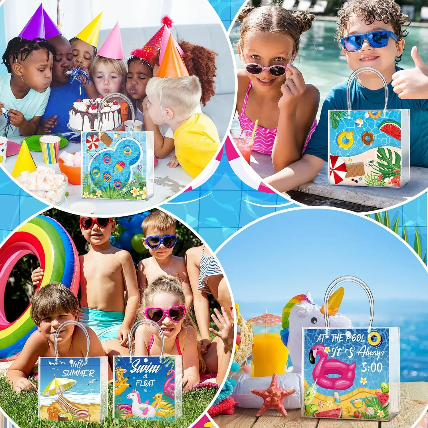 24 Pcs Pool Favor Bags Summer Pool Beach Clear PVC Goodie Gift Bags with Handle Birthday Party Supplies
