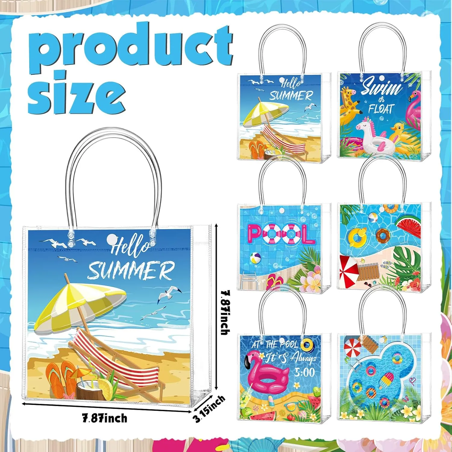 24 Pcs Pool Favor Bags Summer Pool Beach Clear PVC Goodie Gift Bags with Handle Birthday Party Supplies