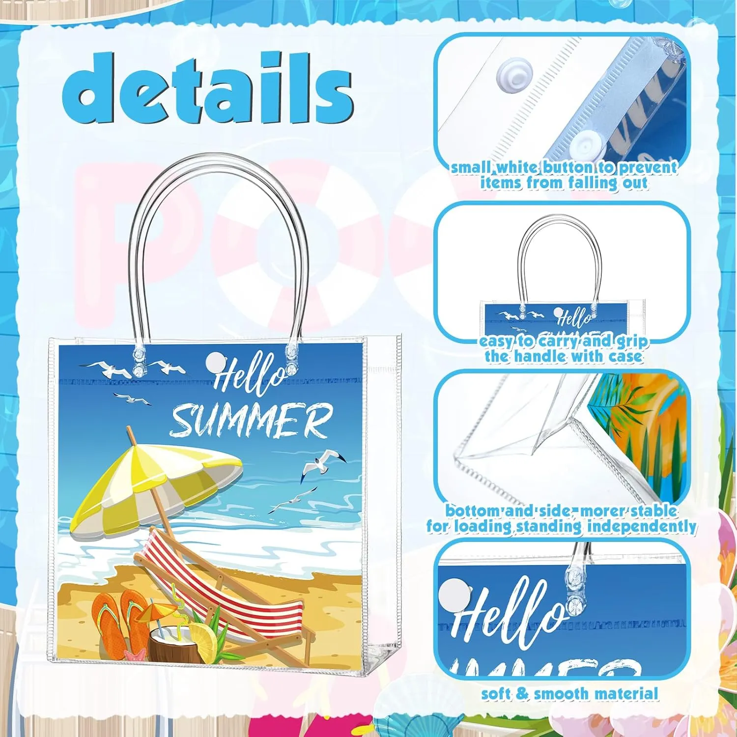 24 Pcs Pool Favor Bags Summer Pool Beach Clear PVC Goodie Gift Bags with Handle Birthday Party Supplies