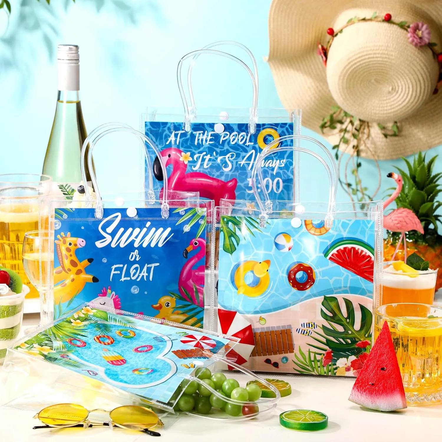 24 Pcs Pool Favor Bags Summer Pool Beach Clear PVC Goodie Gift Bags with Handle Birthday Party Supplies