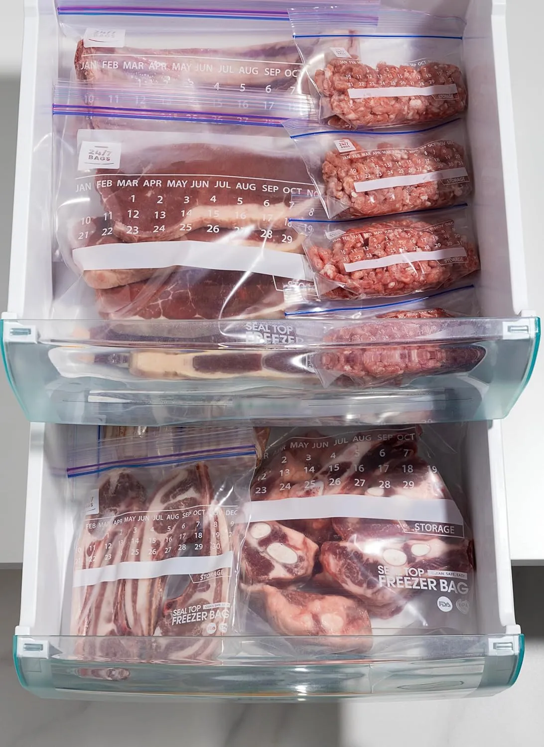 24/7 Bags- Gallon Freezer Bags, 120 Count with Stand Up Bottom and New Calendar Feature, Easy Fill