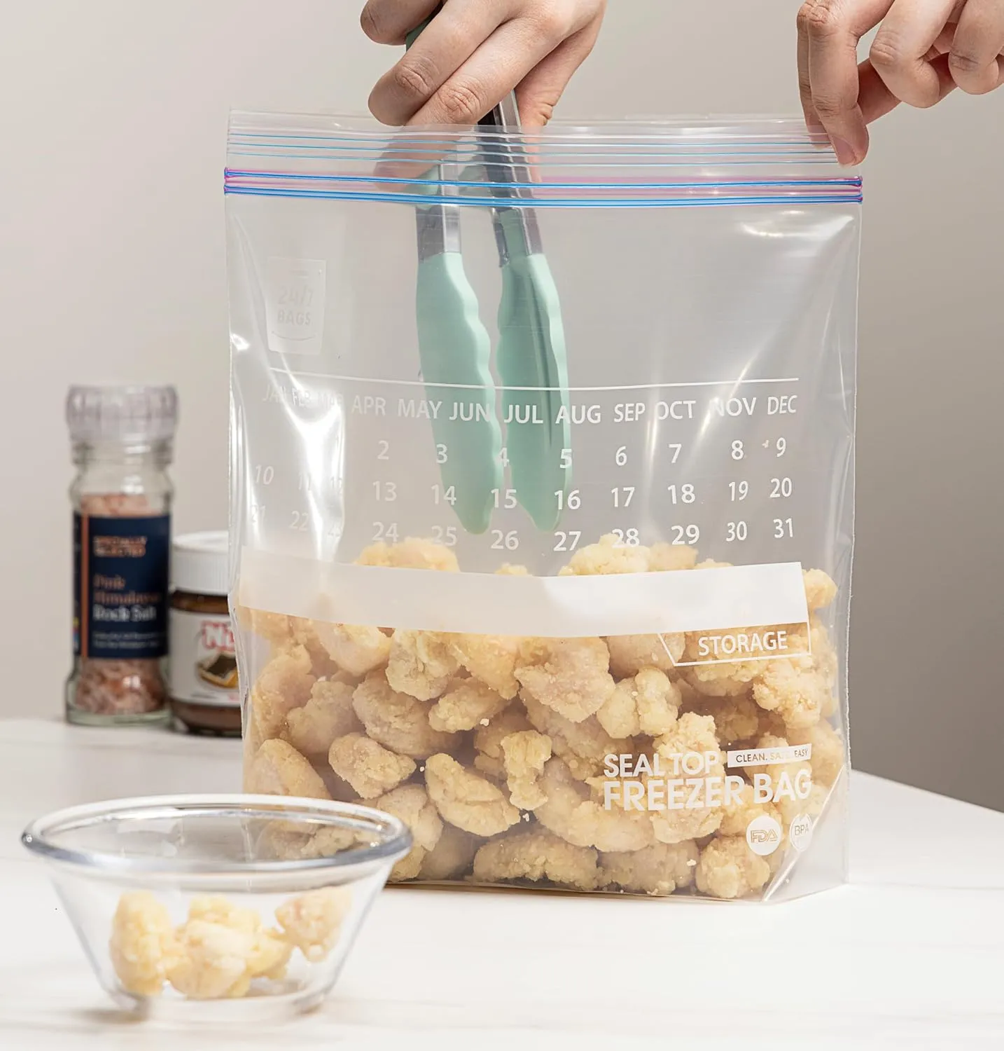 24/7 Bags- Gallon Freezer Bags, 120 Count with Stand Up Bottom and New Calendar Feature, Easy Fill