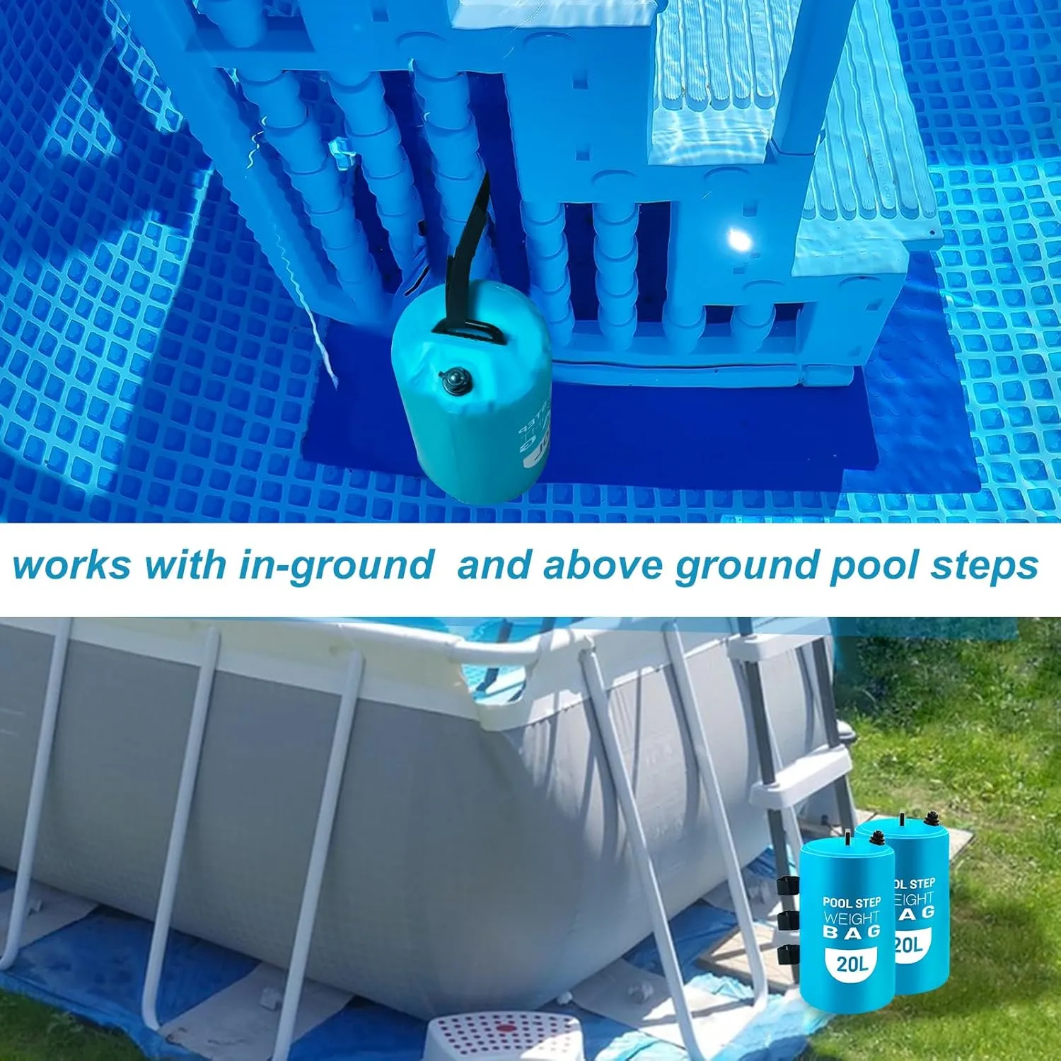 2PCS Pool Ladder Weights 20L Universal Pool Step Weights Sand Bag Waterproof 500D PVC Swimming Pool Stair Weights for Above Ground and Inside Pool with 2 Nylon Handles and 1 Funnel Light Blue