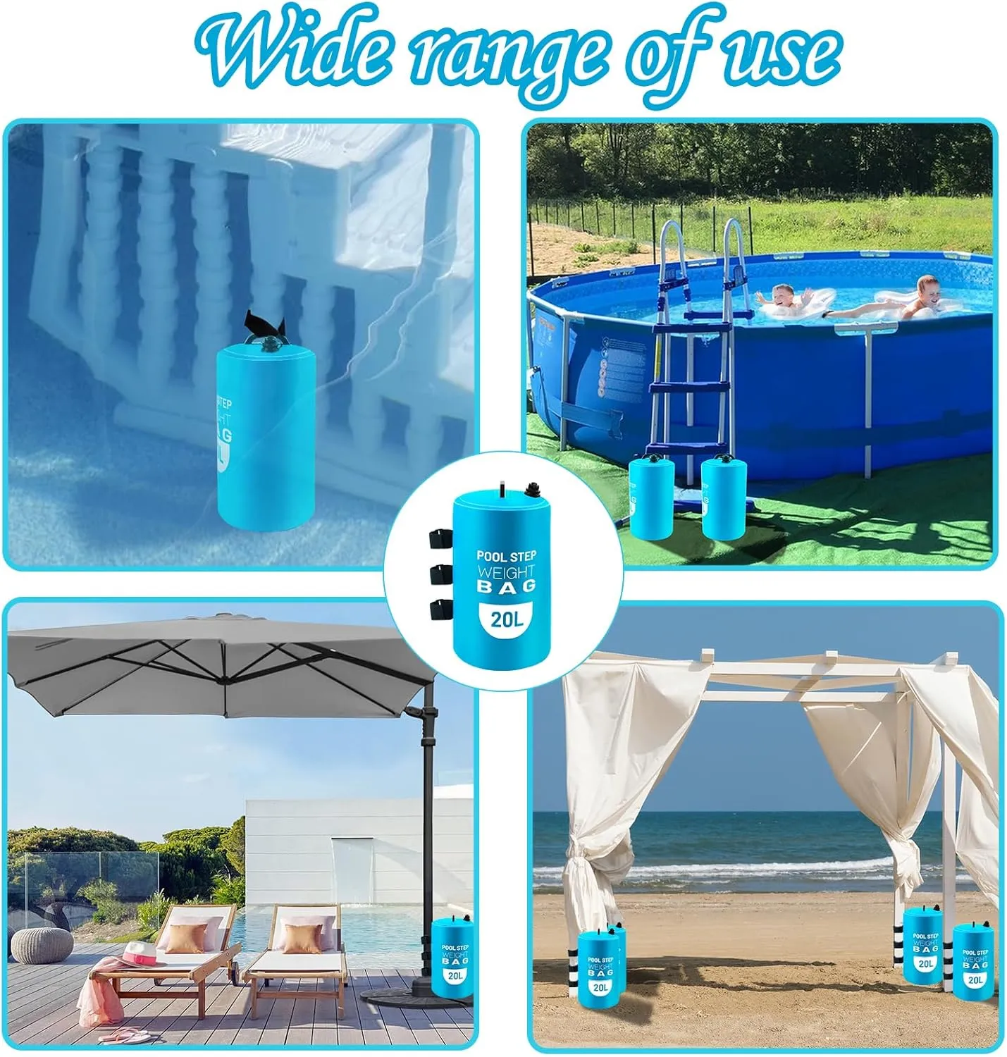 2PCS Pool Ladder Weights 20L Universal Pool Step Weights Sand Bag Waterproof 500D PVC Swimming Pool Stair Weights for Above Ground and Inside Pool with 2 Nylon Handles and 1 Funnel Light Blue