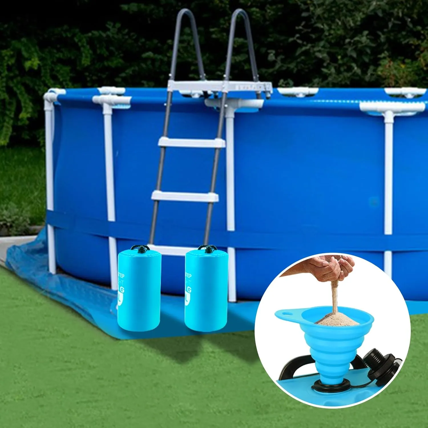 2PCS Pool Ladder Weights 20L Universal Pool Step Weights Sand Bag Waterproof 500D PVC Swimming Pool Stair Weights for Above Ground and Inside Pool with 2 Nylon Handles and 1 Funnel Light Blue