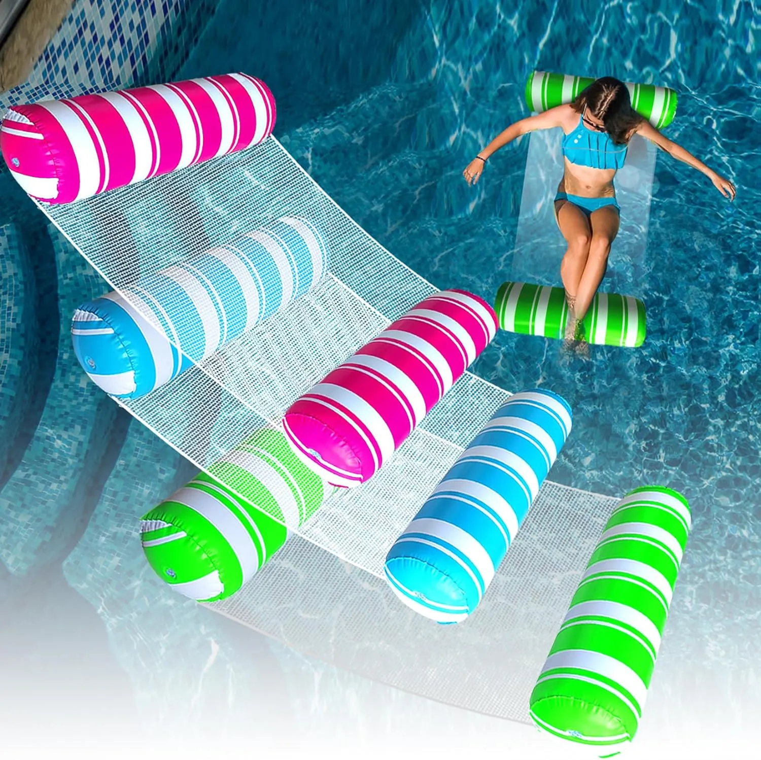 3 Pack Inflatable Pool Floats Adult Size Water Hammock,Pool Floaties Toys,4-in-1 Multi-Purpose Floats for Swimming Pool,Pool Rafts Lounge Chairs Floating,for Adults Vacation Fun and Rest