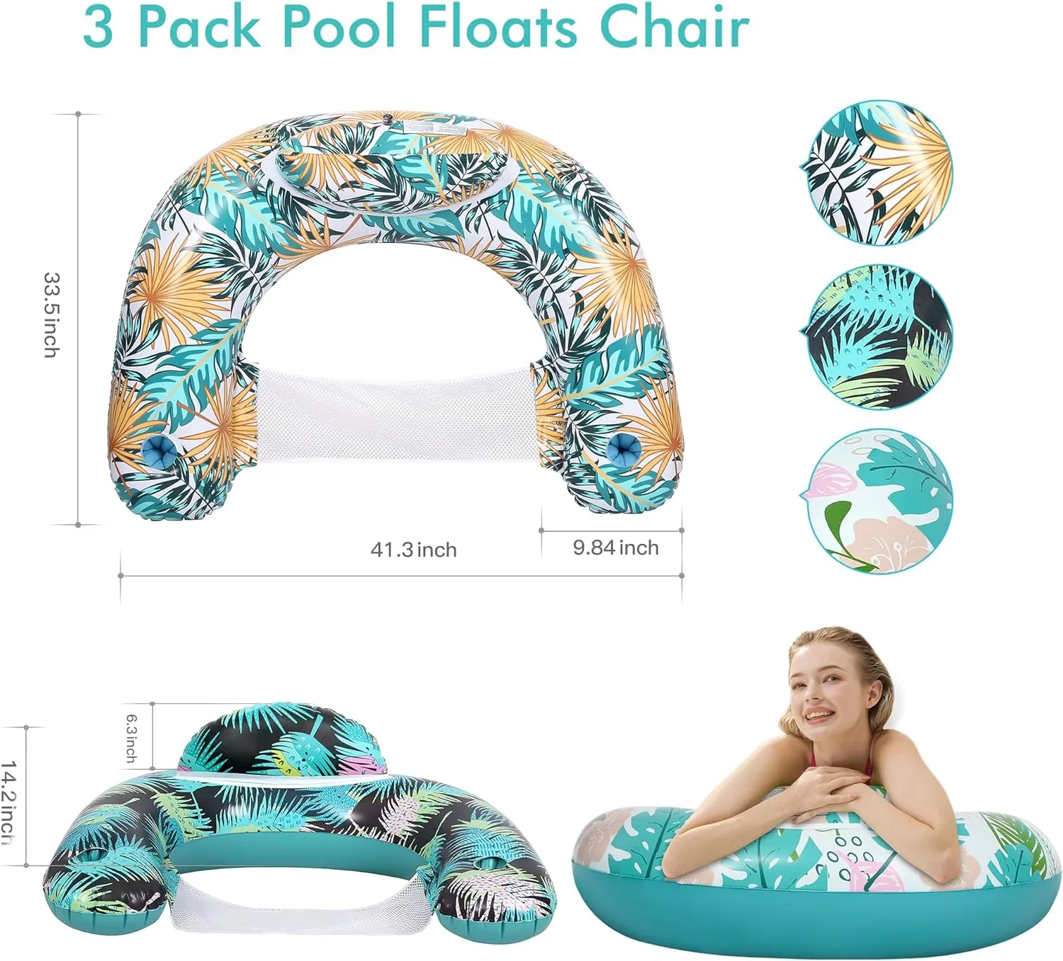 3 Pack Inflatable Pool Floats for Adults Pool Chairs with Two Cup Holders Comfortable Blow up Floating Lake Water Fun Swimming Party