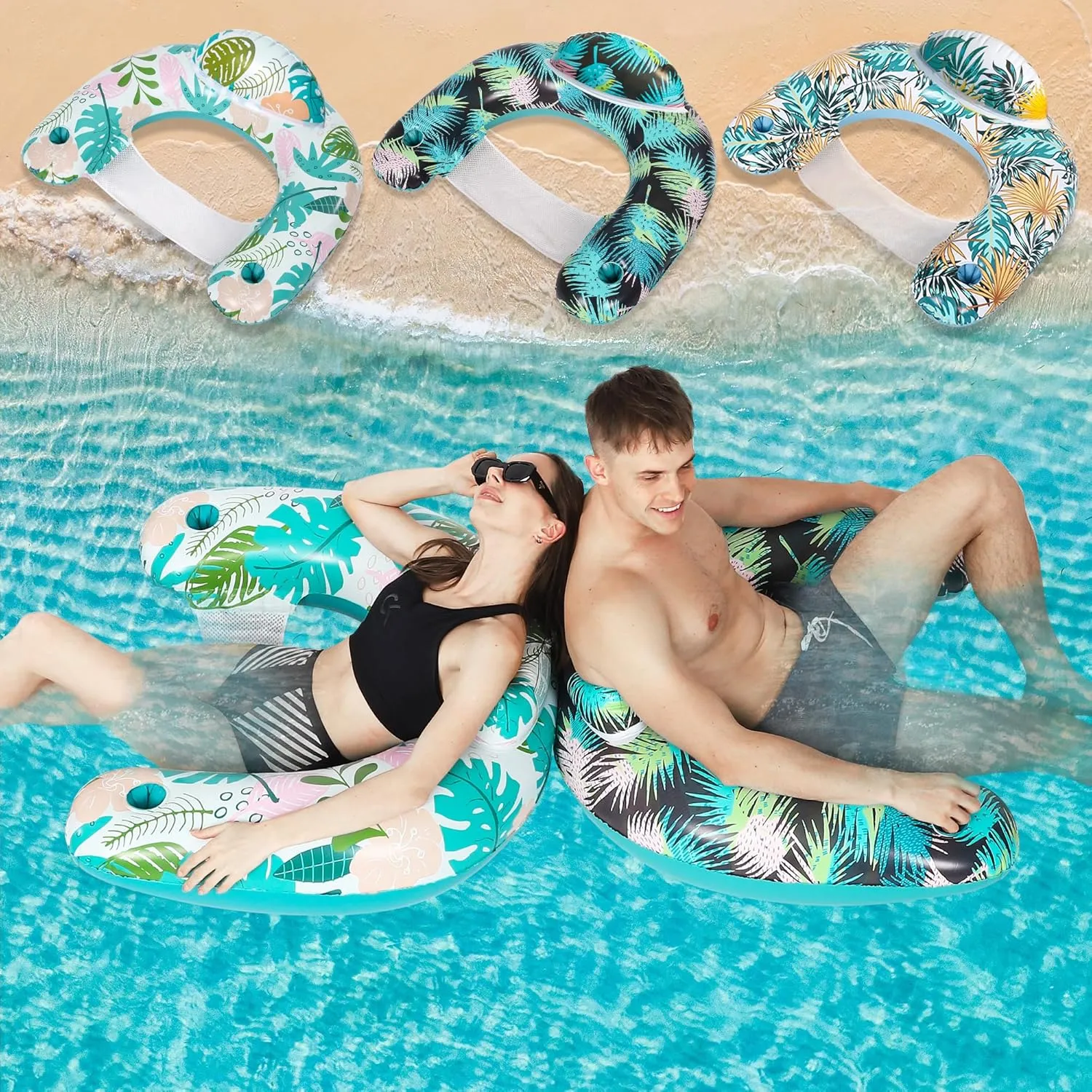 3 Pack Inflatable Pool Floats for Adults Pool Chairs with Two Cup Holders Comfortable Blow up Floating Lake Water Fun Swimming Party