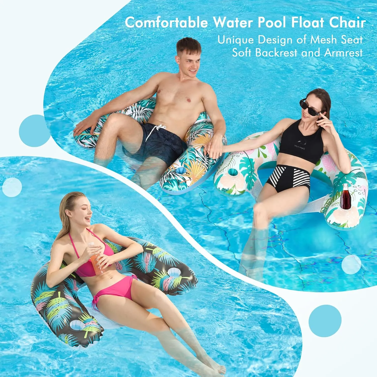 3 Pack Inflatable Pool Floats for Adults Pool Chairs with Two Cup Holders Comfortable Blow up Floating Lake Water Fun Swimming Party