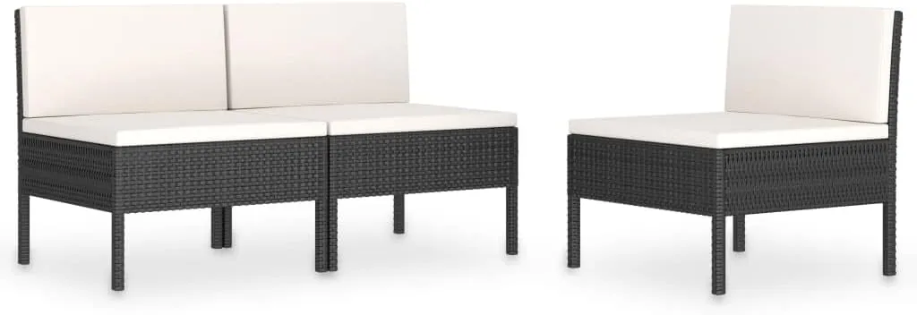 3-Piece Patio Chairs Set with Cream White Cushions - Black Poly Rattan Outdoor Lounge Seating for Backyard, Poolside, and Patio Relaxation