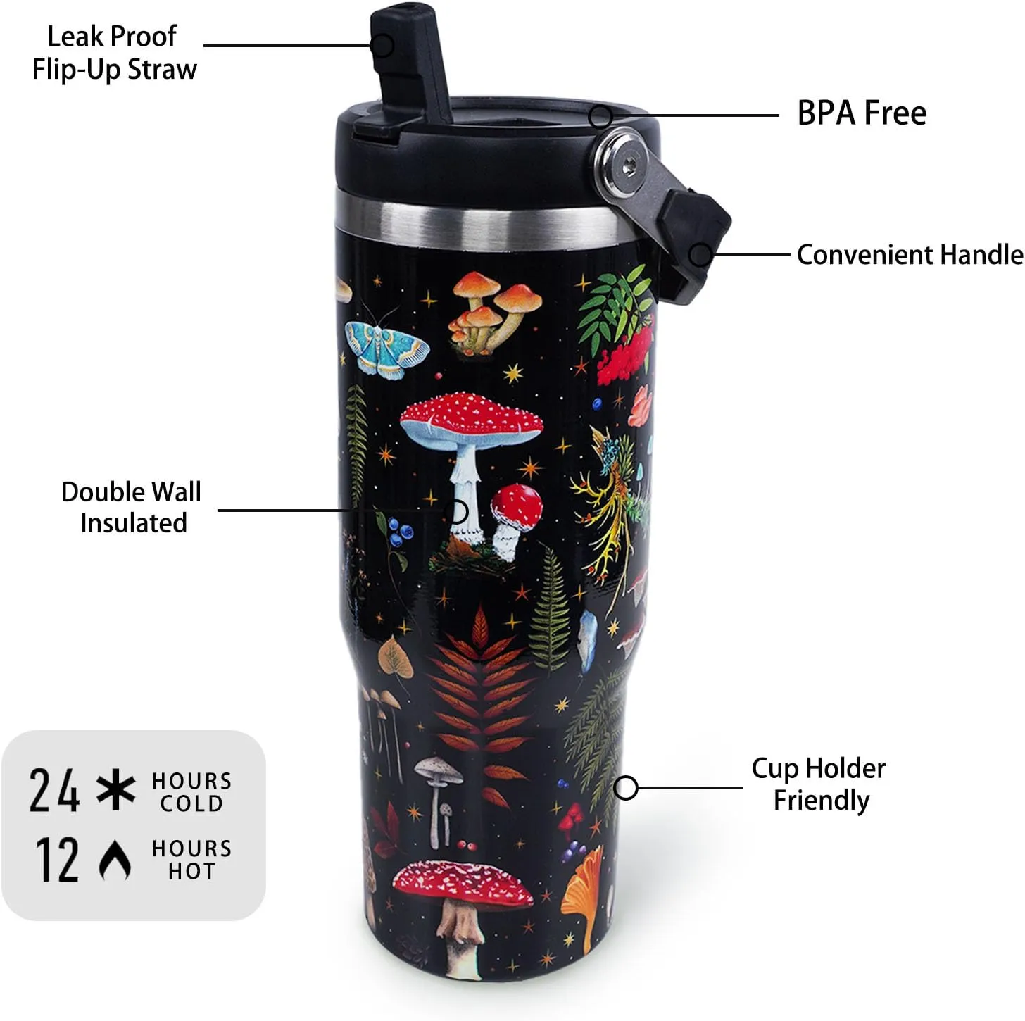 30 oz Stainless Steel Mushroom Travel Mug with Handle, Leak Proof, Birthday Gift for Women