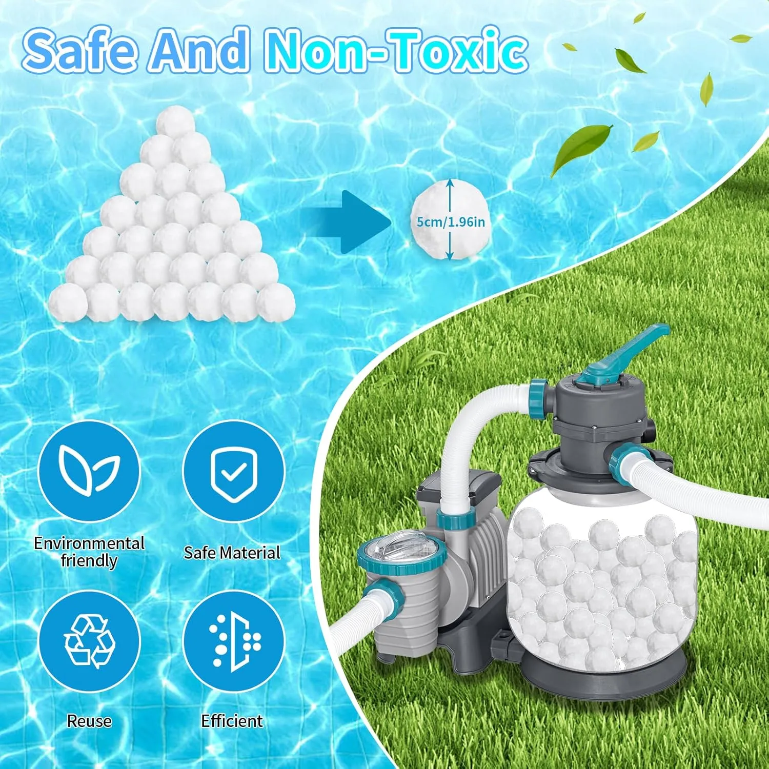 3.1lbs Pool Filter Balls for Sand Filter, Reusable Pool Filter Balls, Eco-Friendly Fibre Media Balls for Above Ground Sand Pool Pump, with Wash Bag (White)