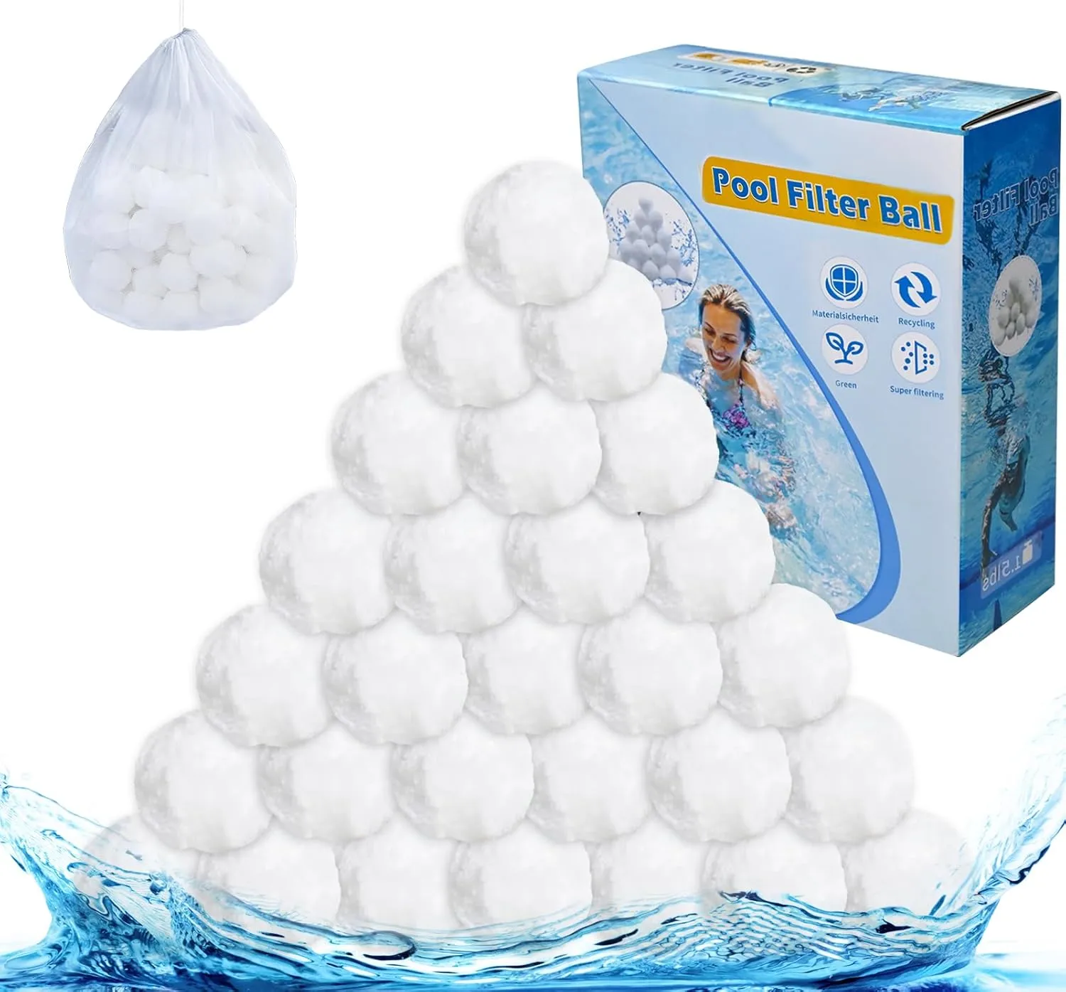 3.1lbs Pool Filter Balls for Sand Filter, Reusable Pool Filter Balls, Eco-Friendly Fibre Media Balls for Above Ground Sand Pool Pump, with Wash Bag (White)