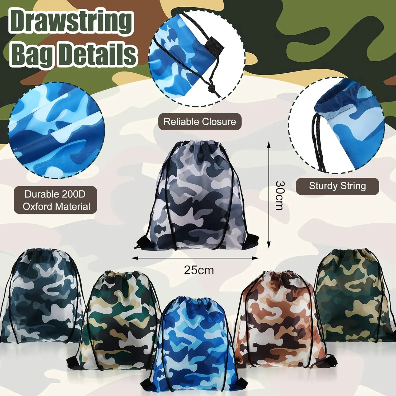 36 Pcs Tie Dye Camouflage Party Kit Camo Drawstring Bag Bulk Camouflage Military Rubber Keychain Silicone Bracelet for Adult Kid Travel Paintball Camping Birthday Party Supplies(Classic Camo)