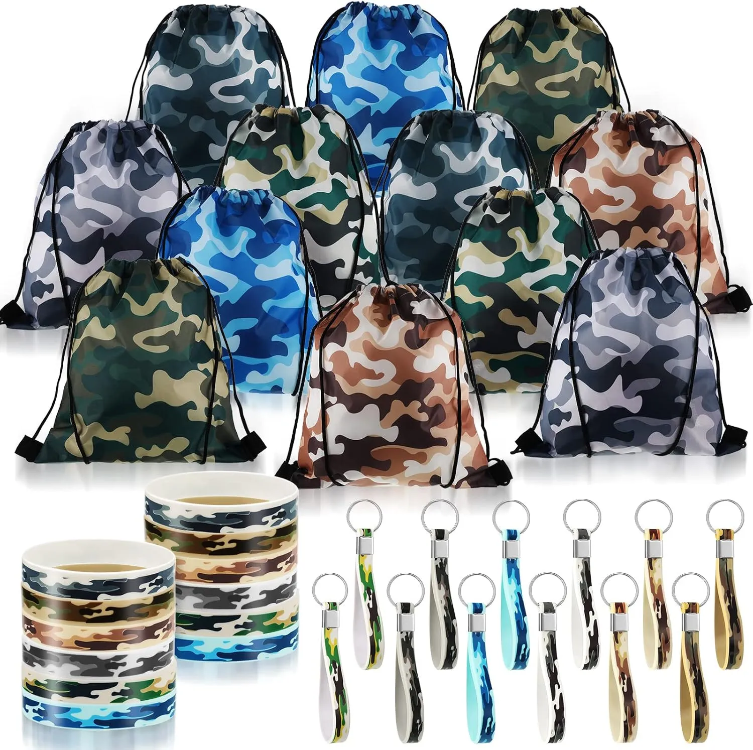 36 Pcs Tie Dye Camouflage Party Kit Camo Drawstring Bag Bulk Camouflage Military Rubber Keychain Silicone Bracelet for Adult Kid Travel Paintball Camping Birthday Party Supplies(Classic Camo)