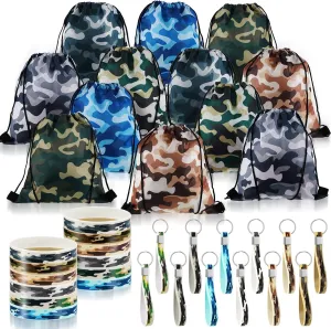 36 Pcs Tie Dye Camouflage Party Kit Camo Drawstring Bag Bulk Camouflage Military Rubber Keychain Silicone Bracelet for Adult Kid Travel Paintball Camping Birthday Party Supplies(Classic Camo)