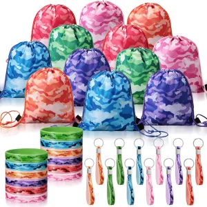 36 Pcs Tie Dye Camouflage Party Kit Camo Drawstring Bag Bulk Camouflage Military Rubber Keychain Silicone Bracelet for Kids Travel Paintball Camping Birthday Party Supplies(Assorted Camo)